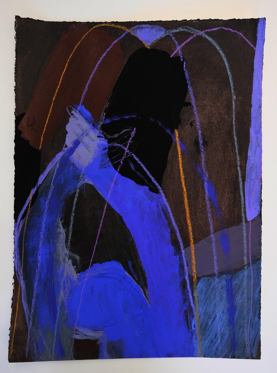 Photo of a drawing in grey purple and maroon. There's a figure with arms overhead making an arch coming off the left side of the page.