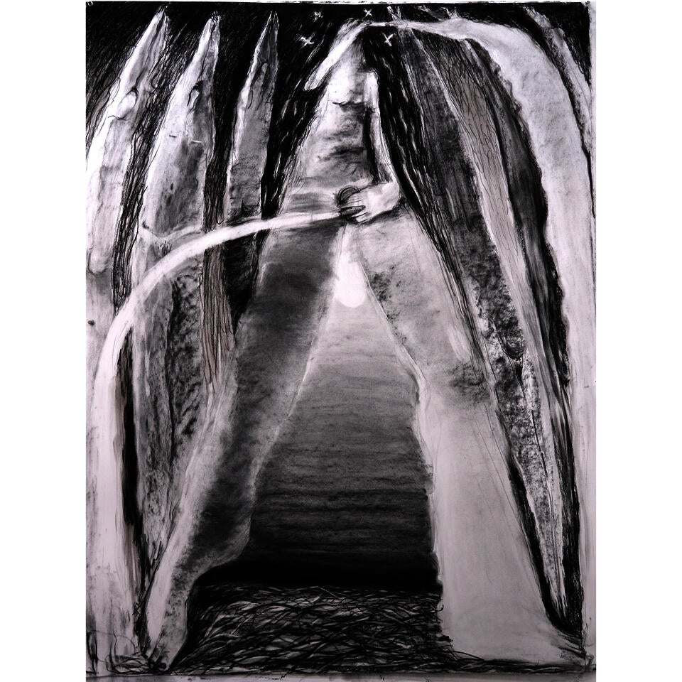 Photo of a charcoal drawing of a figure pissing and smoking in two arcs. Light emanates from a moon above the water, viewed between their legs; Divers launch up and down behind them. 