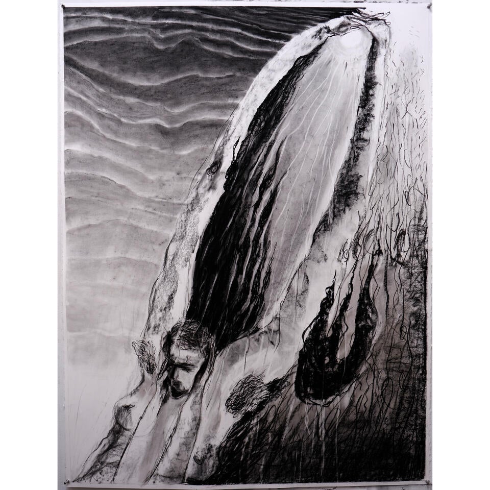 Photo of a charcoal drawing. The top half of a figure has arms that elongate diagonally upwards across the paper to cup a small moon. A darkly scrawled flame hovers.