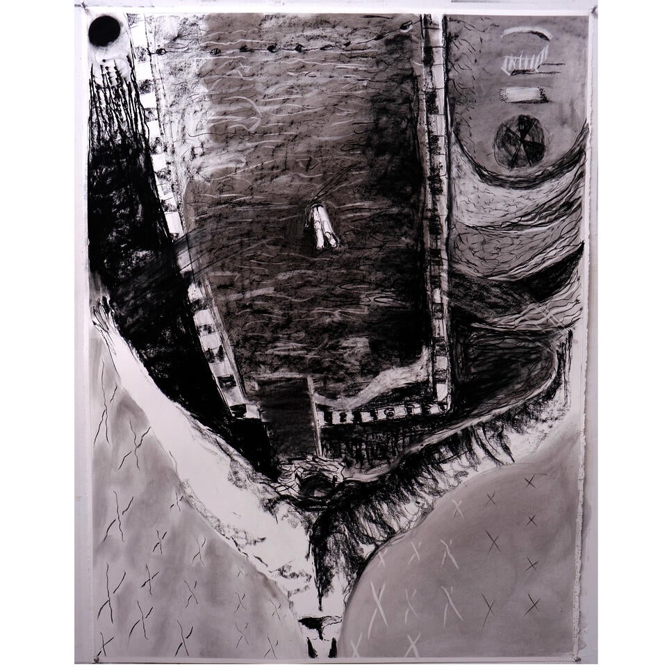 Photo of a charcoal drawing of an aerial view down onto a pool that unfolds into abstraction. A tiny diver is poised above the water; muscular trunk-like arms stretch out in a V-frame towards the bottom.