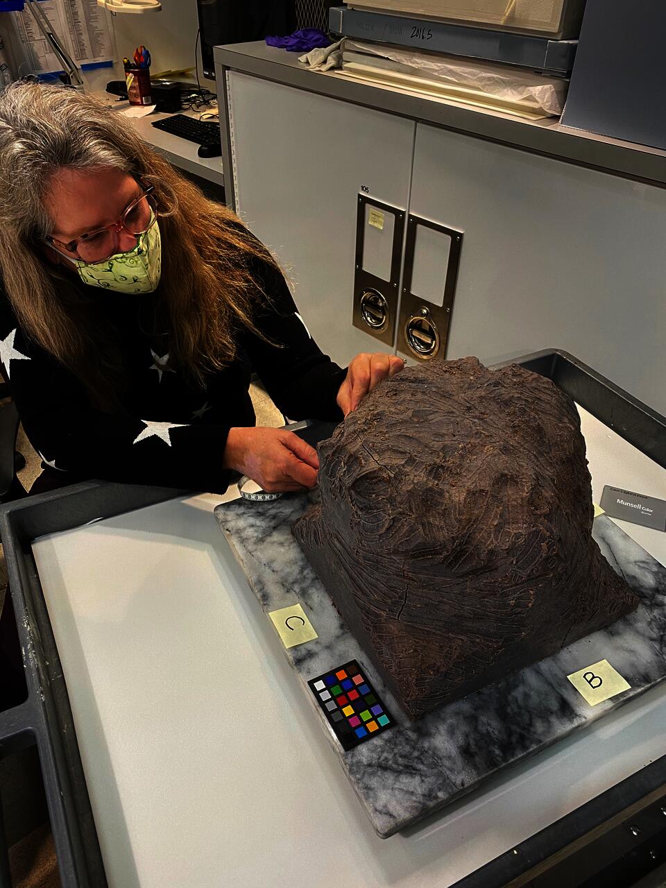 Masked museum worker sits at a table, examining an object. Object is a fairly large amorphous form, its surface textured by robust molding by hand.