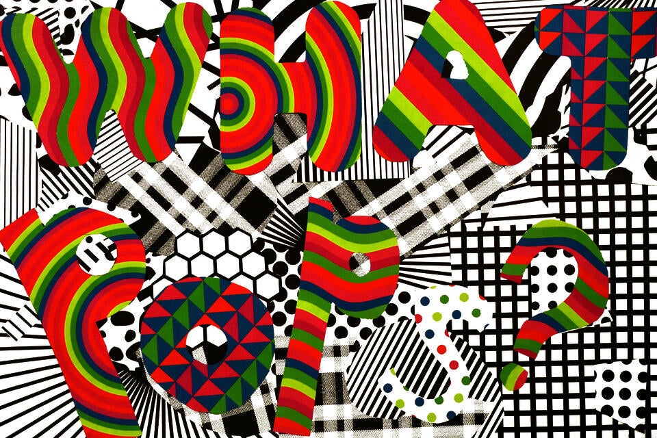 Large bubble letters filled with rainbow patterns spell out 'What Pops?' above a complex black and white patterned background