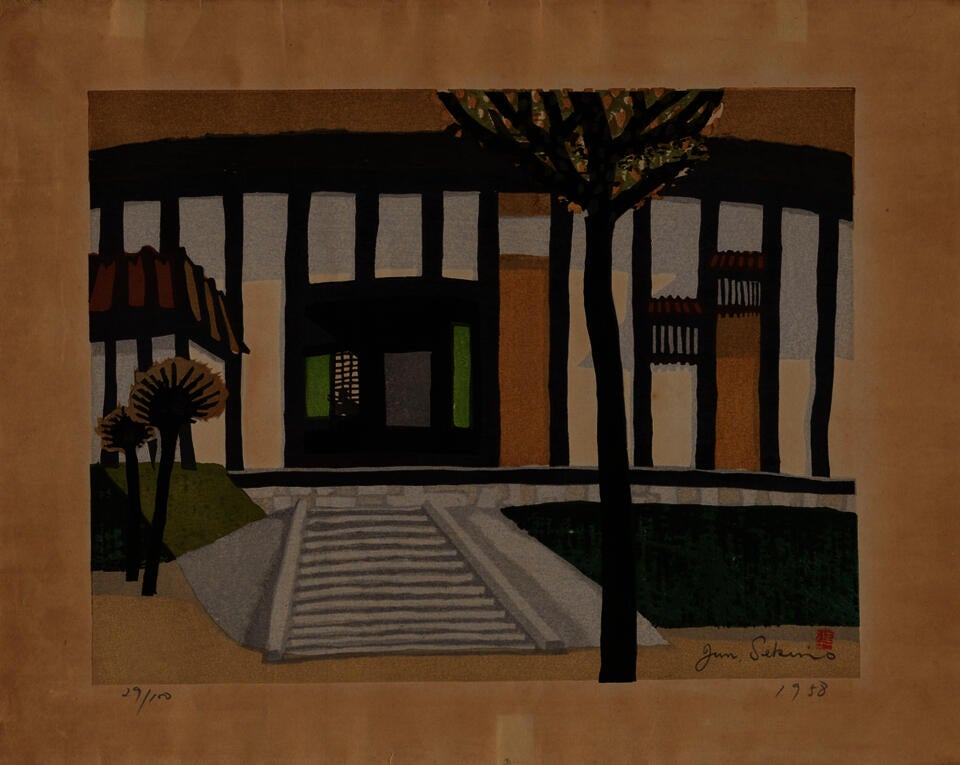 Print depicting the exterior of a modern building marked with strong dark vertical bands. Steps lead to a door at center, with a small tree in the foreground.