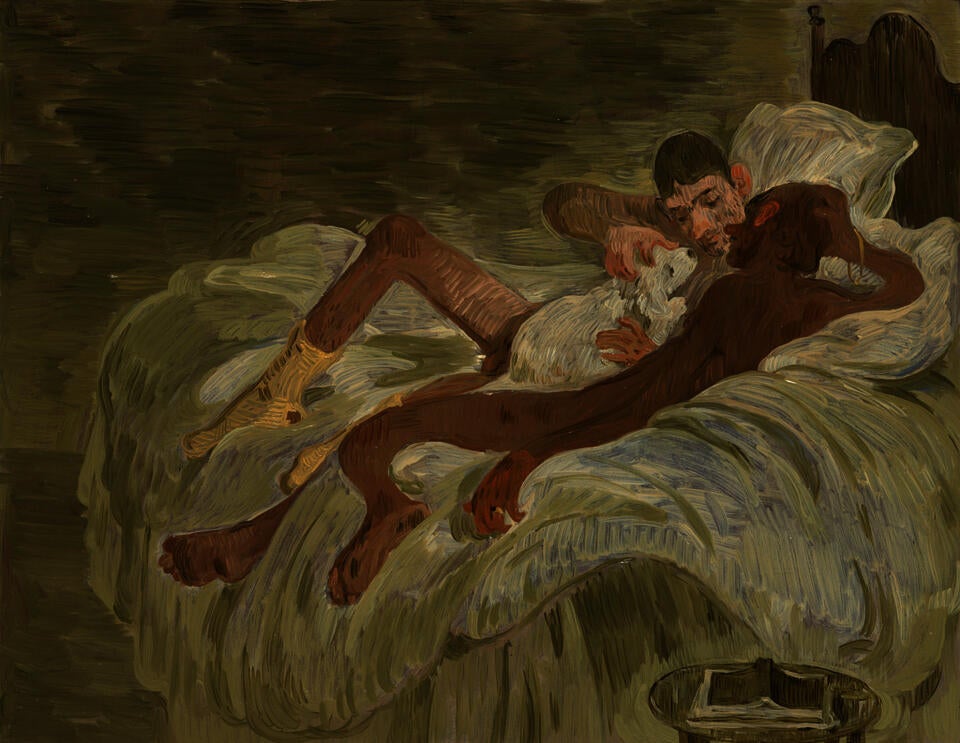 Painting of two nude young men--one dark-skinned, the other light-skinned. They relax on a bed and affectionately cuddle with a small white dog. Brushwork is loose and palette is muted.