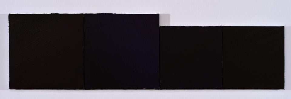 Painting composed of four very dark interlocked rectangles. Combined shape is a long horizontal rectangle, with the top margin stepped down. 