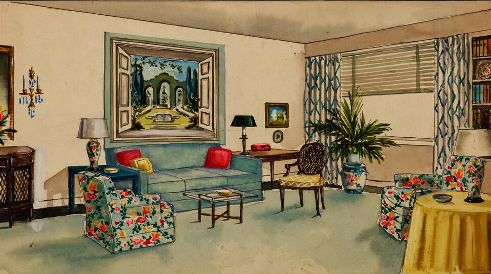 Colored-pencil drawing of an interior with a pale blue sofa, two floral upholstered chairs, and other furniture. A window with roman blinds and blue and white drapes is at right.