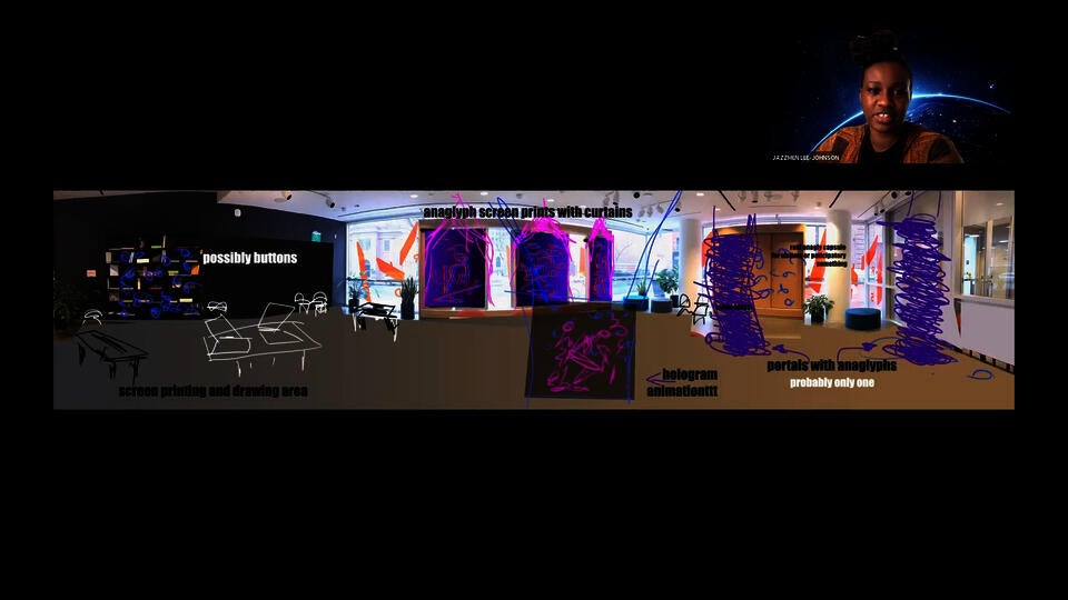 Screenshot of a presentation by Jazzmen Lee-Johnson, who appears in the upper-right corner. An interior space is marked with notes and drawings. Notes say: “screen printing and drawing area, possibly buttons, anaglyph screen prints with curtains, hologram animationttt, portals with anaglyphs--probably only one.”