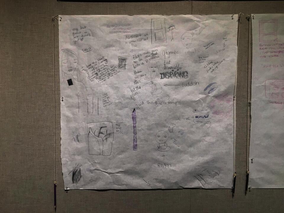 Detail of a sheet of paper covered with writing and drawings. A pencil hangs from a string beside it.