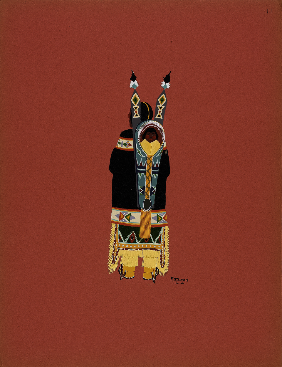A colorful print of a dark-skinned baby in a blue beaded carrier. The baby looks at the viewer, the mother faces opposite. The background is a rich salmon color.