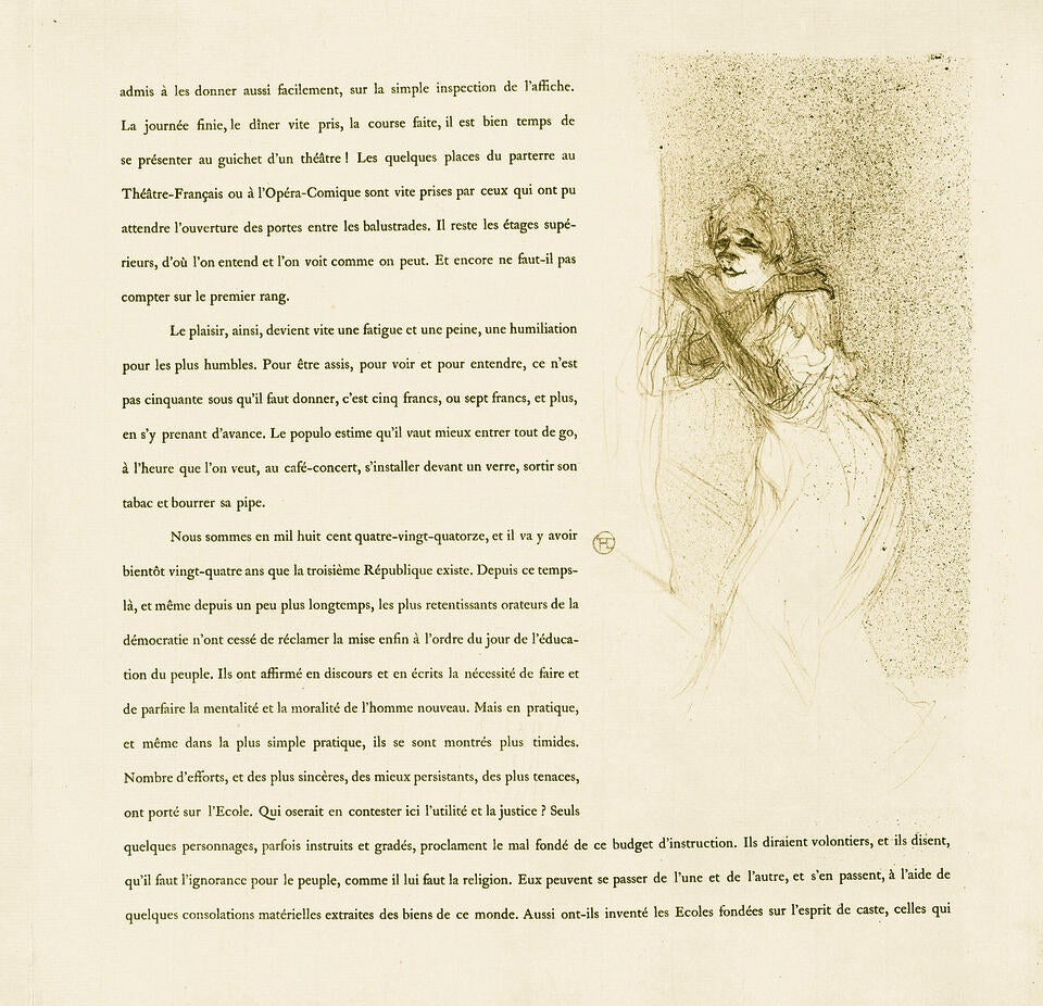 Illustration and text from 'Yvette Guilbert'. Guilbert in performance, her gloved arms crossed and her hands on her shoulders. Accompanied by paragraphs of text in French.