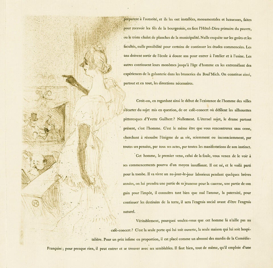 Illustration and text from 'Yvette Guilbert'. Guilbert is in performance, seen diagonally from behind. She gestures with one gloved hand to the audience. Accompanied by paragraphs of text in French.