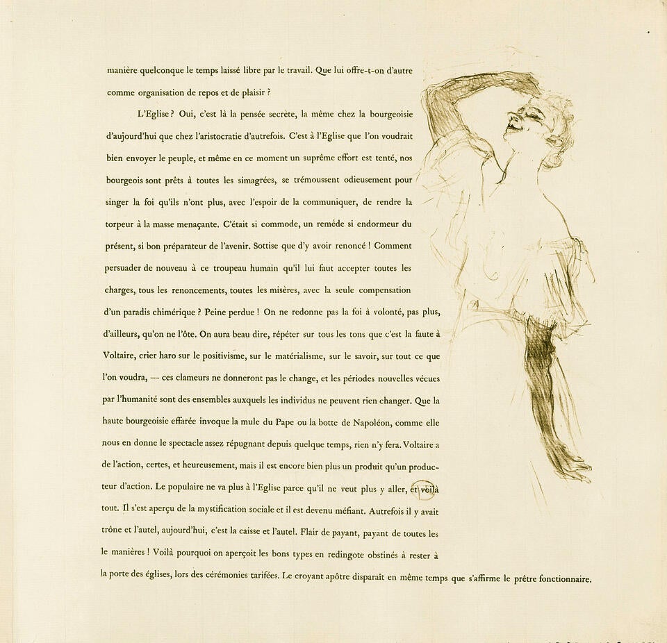 Illustration and text from 'Yvette Guilbert'. Guilbert is in performance. She holds one gloved hand to her forehead. Accompanied by paragraphs of text in French.