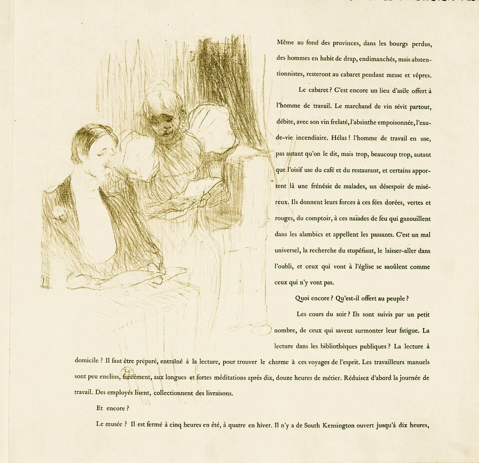Illustration and text from 'Yvette Guilbert'. Two well-dressed theatergoers are rendered in soft linework. Accompanied by paragraphs of text in French.