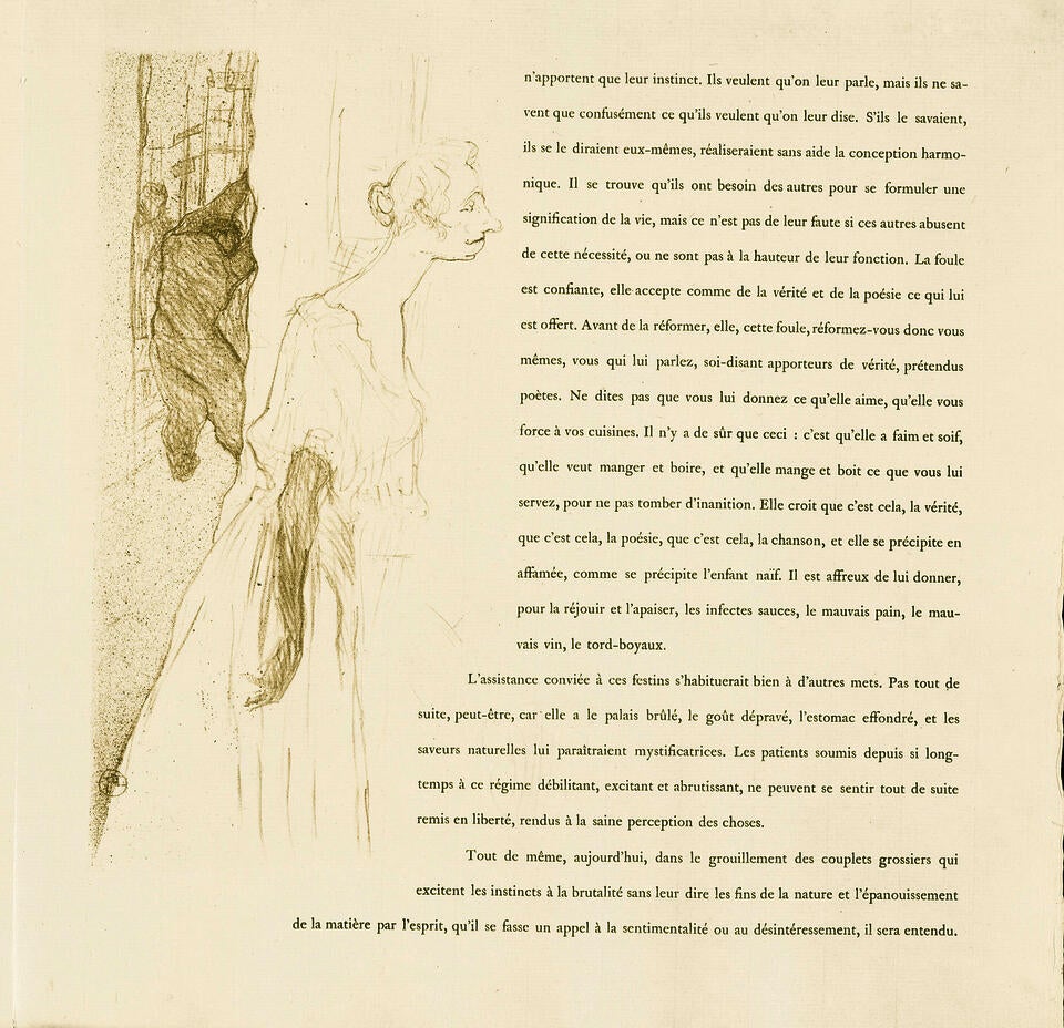 Illustration and text from 'Yvette Guilbert'. Guilbert is in profile, performing. She leans toward the audience while we also catch a glimpse backstage. Accompanied by paragraphs of text in French.