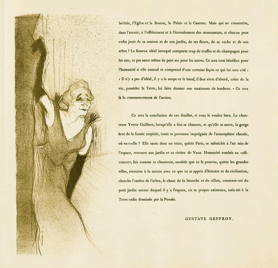 Illustration and text from 'Yvette Guilbert'. Bowing slightly, Guilbert reaches up, clutching the edge of the theater curtain with one gloved hand. Accompanied by paragraphs of text in French.