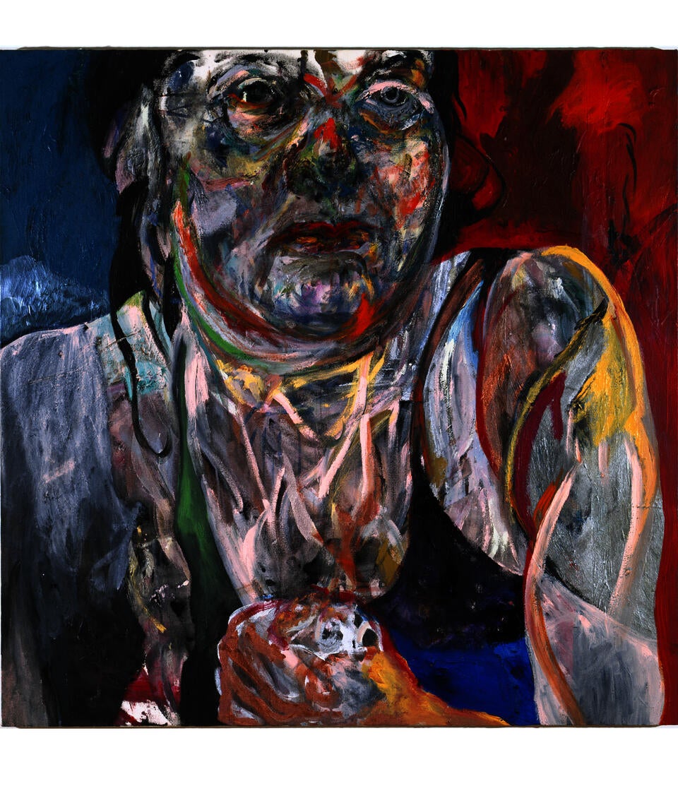 Surrounded by a watercolor red-orange background, a person drawn in graphite, with two large twist braids framing her face, stares to the top right with her mouth slightly agape.