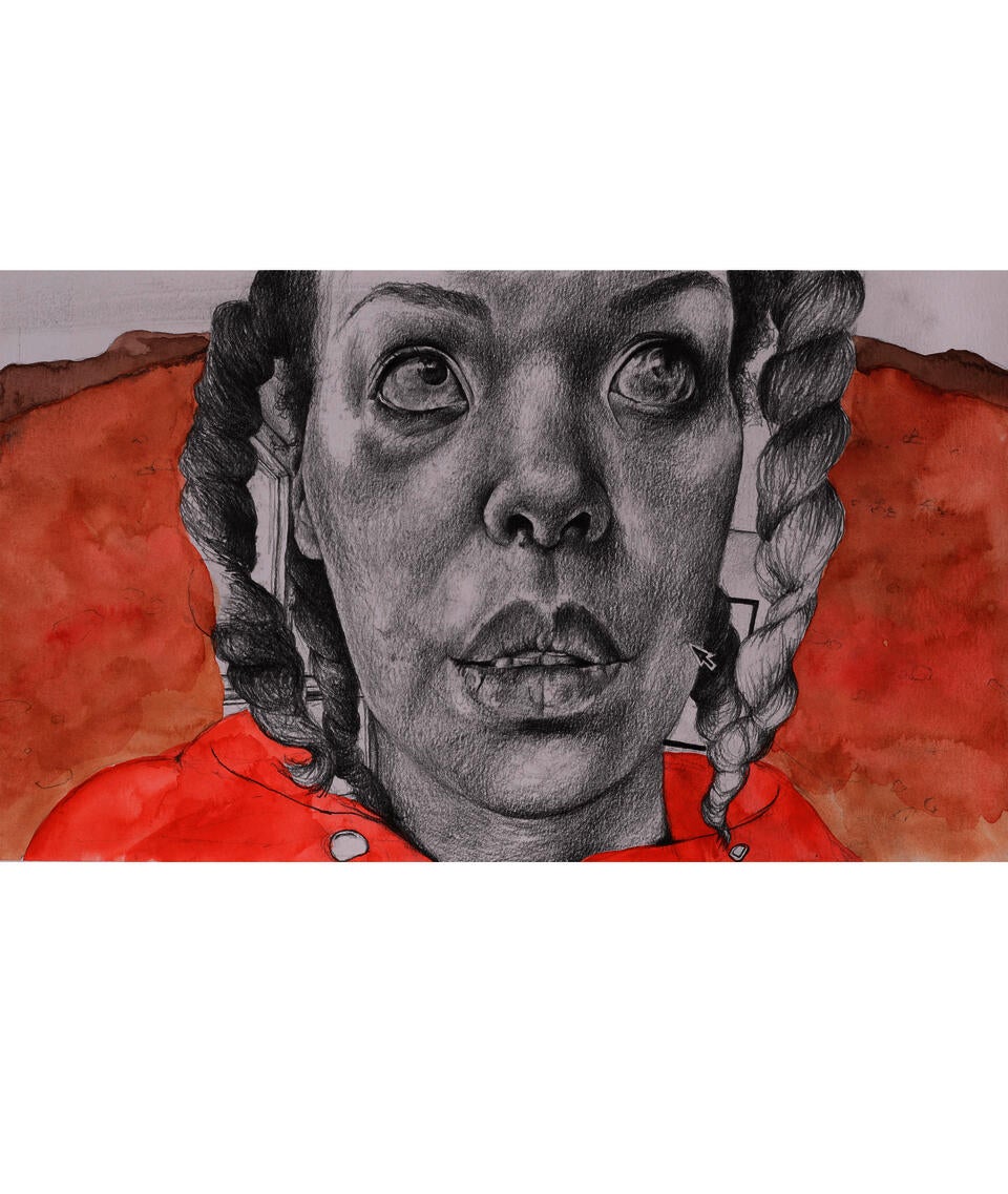 Graphite portrait of a woman. Between her braids and her face are the outlines of a room. Red watercolor fills the rest of the background, including the woman’s garment.