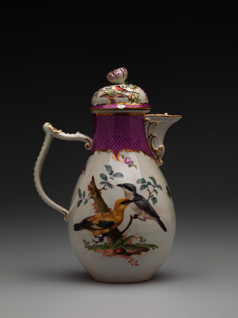 A white coffee pot with a handle and spout, gilded, pink, and floral decorations. There are two birds, blue and white, the other yellow and black, both positioned on branches.