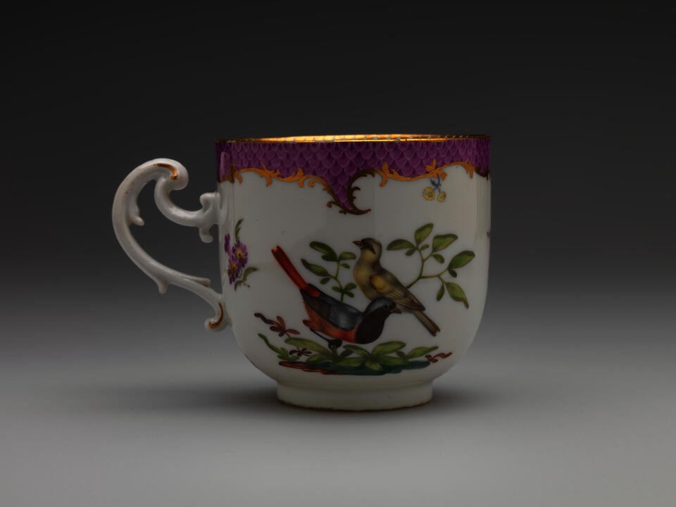 A white teacup with a handle that has swirls, gilding, pink, and floral decorations. There are two birds, one large and yellow, the other is white, black, blue and orange.