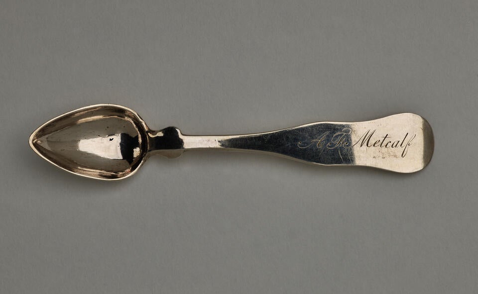  A silver salt spoon the bowl comes to a pointed tip, the neck is thin, and the handle is thicker and rounded at the end. 