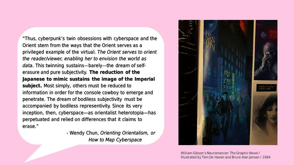 ink slide deck page with quote from Wendy Chun and page from William Gibson’s The Neuromancer Graphic Novel.