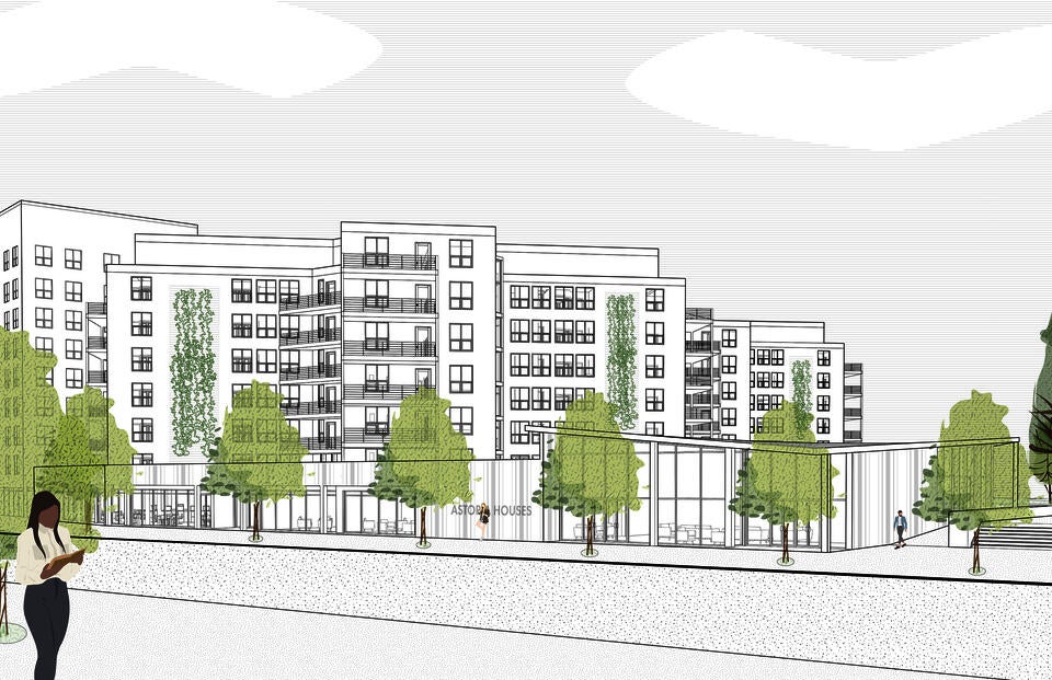 Perspective from the urban context showcasing the building and site context around it. 