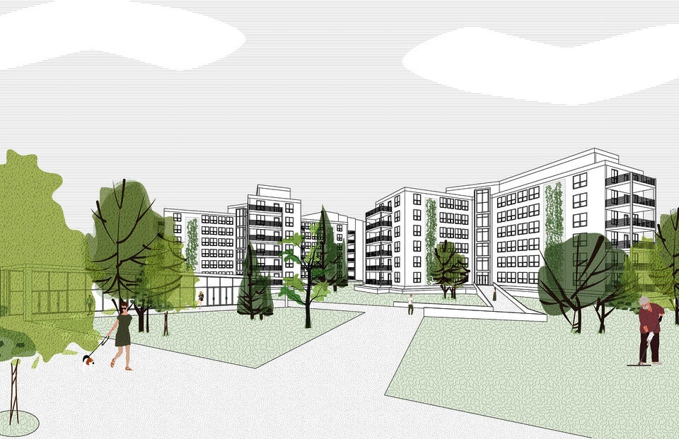 Normal conditions showcasing the building and site. 