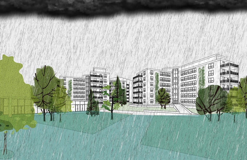 Storm conditions showcasing the flood mitigation of the building. 