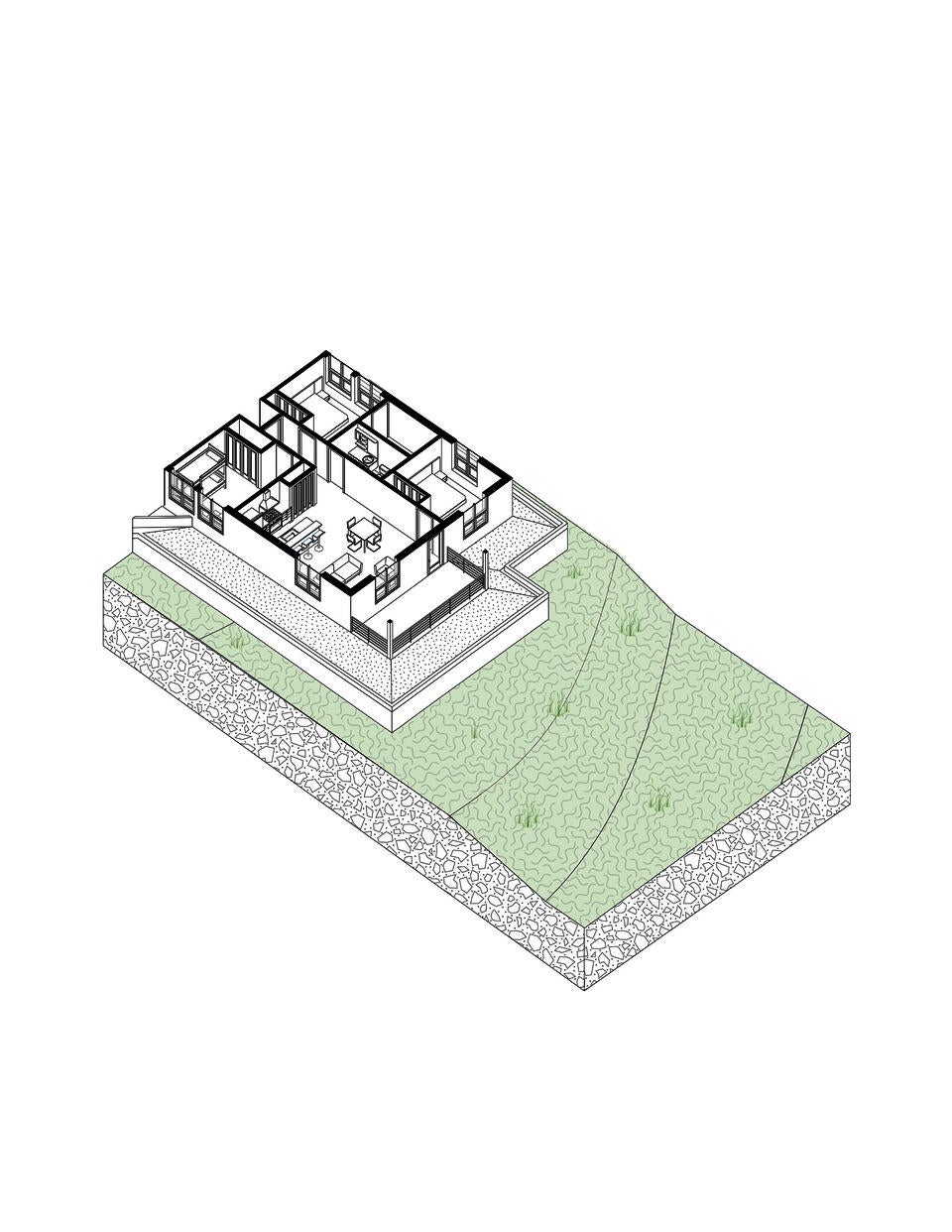 A building chunk showcasing a typical apartment unit and the surrounding landscape. 