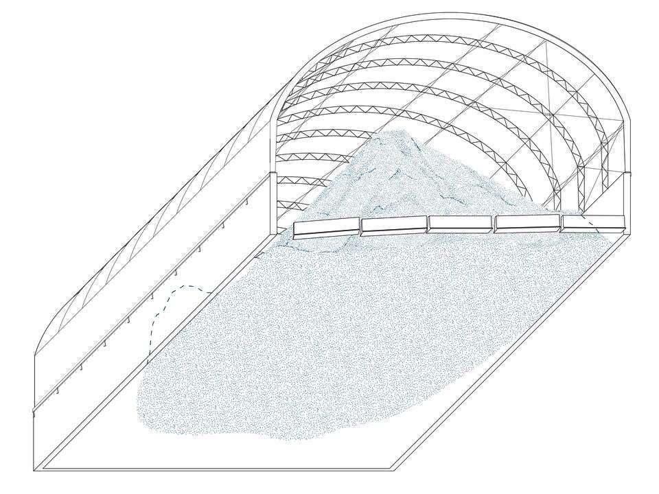 A line drawing depicting a municipal salt storage shed in Wyandot, Ohio