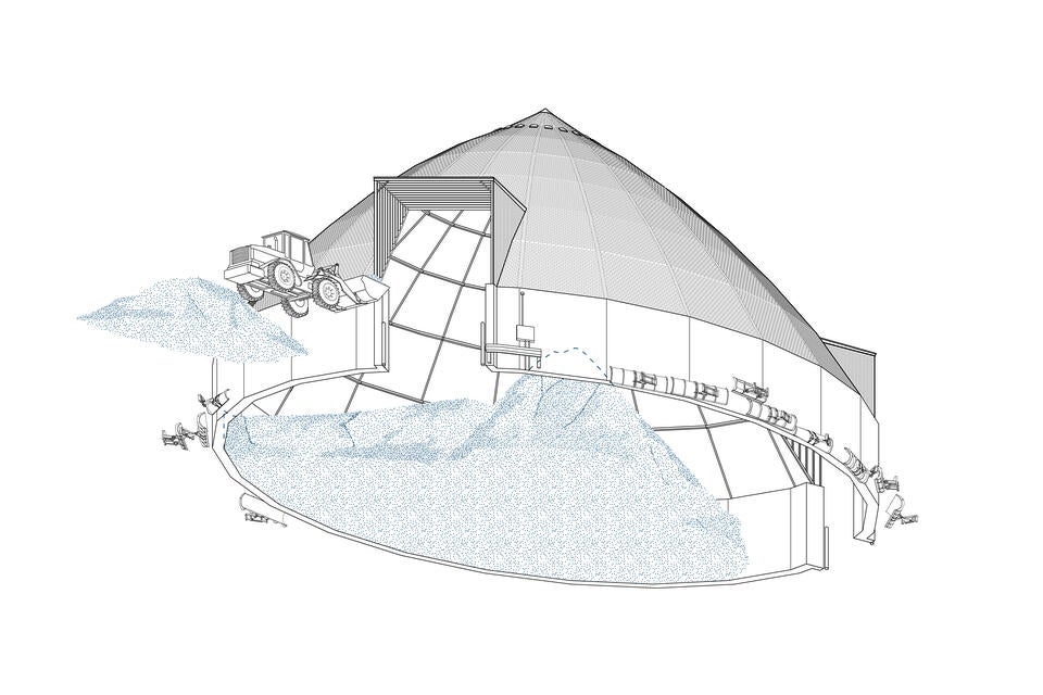 A line drawing depicting a municipal salt storage shed in Cambridge, Ontario