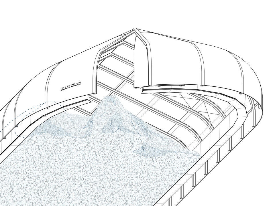 A line drawing depicting a municipal salt storage shed in Chicago, Illinois