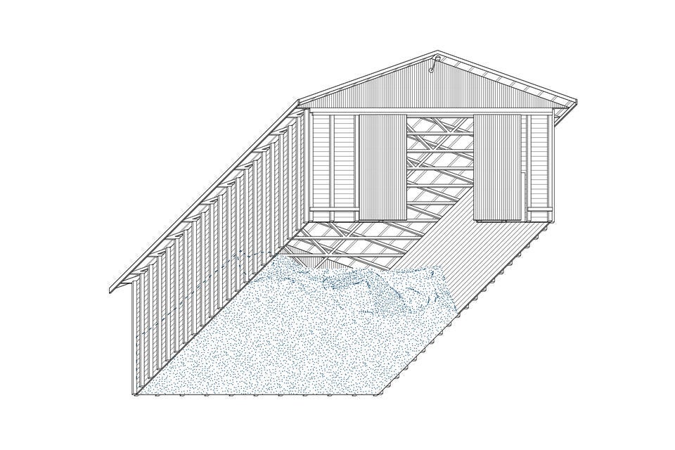 A line drawing depicting a municipal salt storage shed in Mecosta County, Michigan