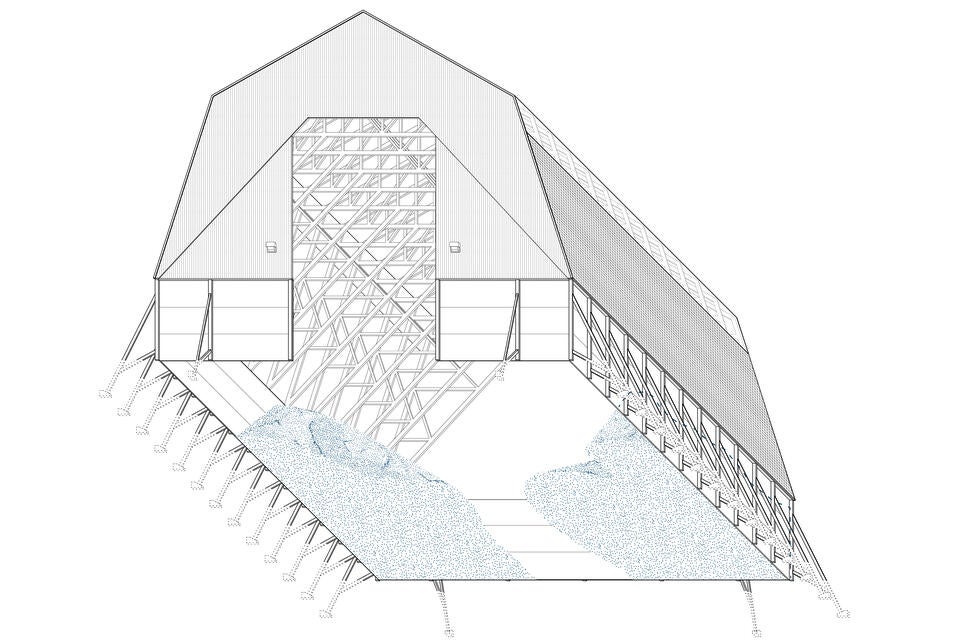 A line drawing depicting a municipal salt storage shed in Springville, New York