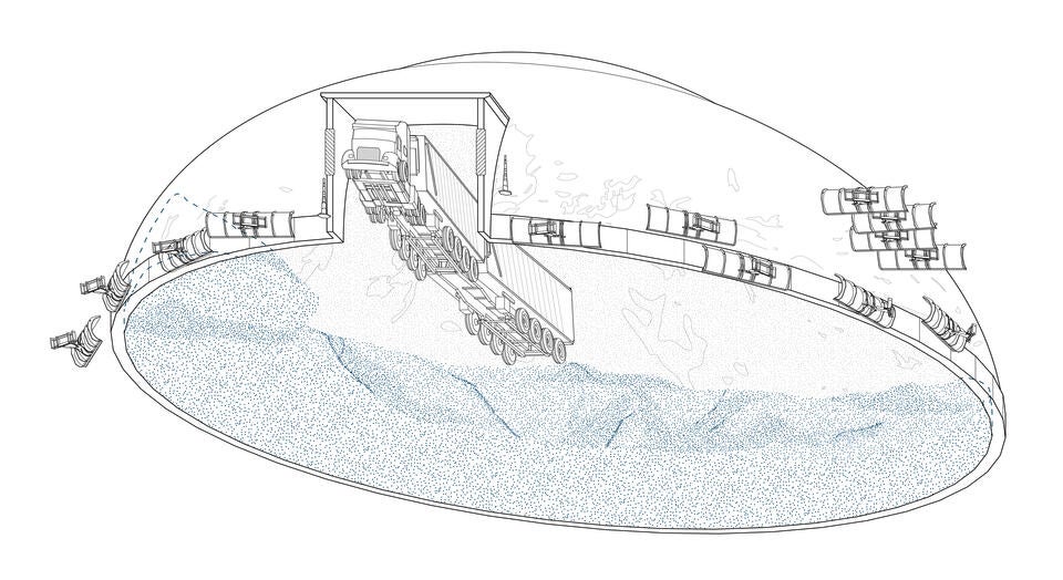 A line drawing depicting a municipal salt storage shed in Washtenaw County, Michigan