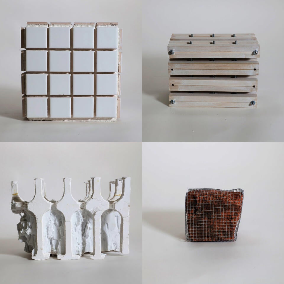 Four objects, each comprised of two materials, materials in conversation