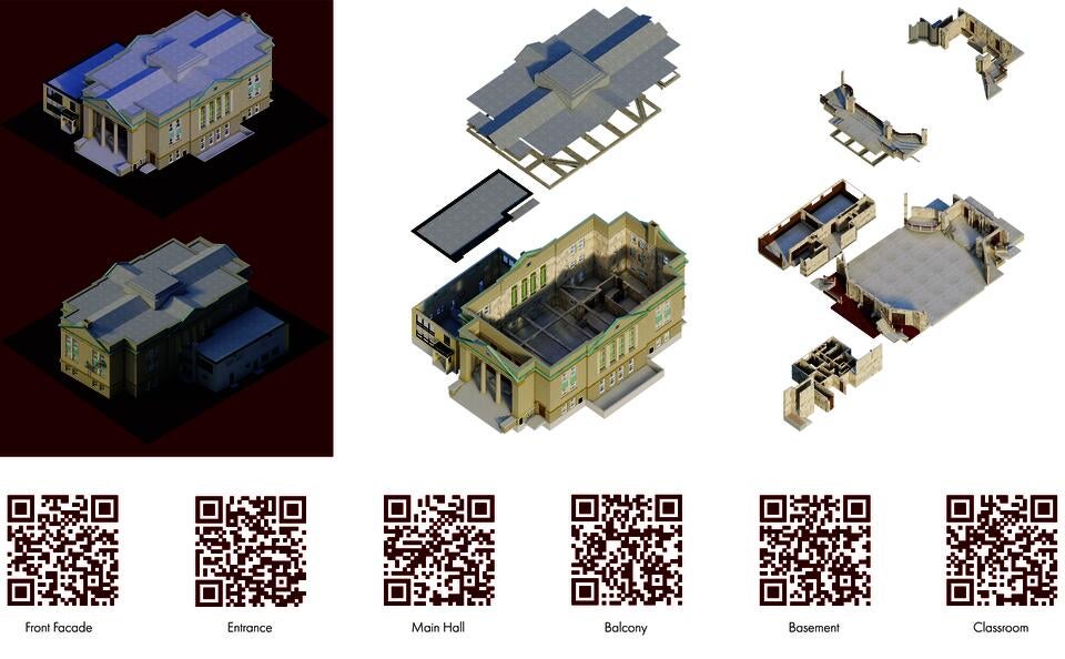 A building fully assembled along the left side, broken into separate chunks on the right with QR codes alon the base
