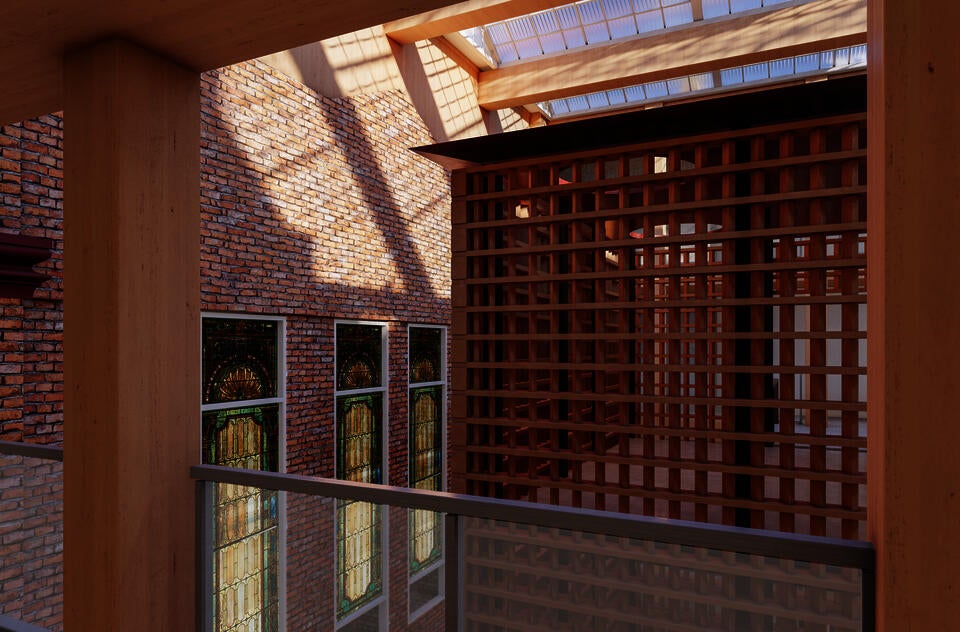 A brick screen sits in the center with stained glass windows to the left, and a skylight above.