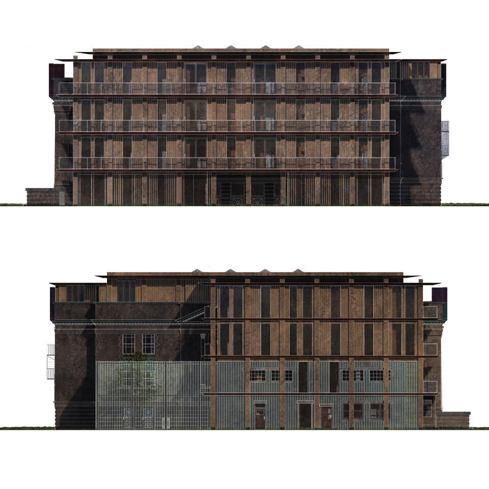 building elevations, from left and right side mainly featuring balconies.