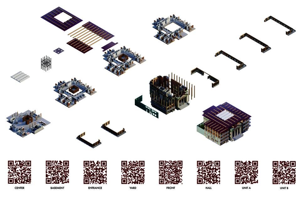 A new building exploded into chunks, with an assembled version on the right, and qr codes along the base.