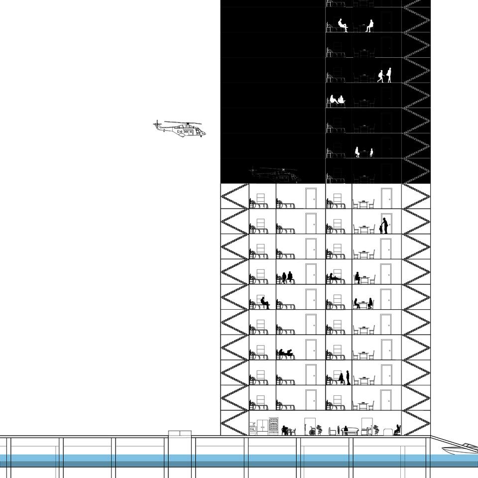 This section shows the division between the lower and upper floors as well as the program during dry conditions.