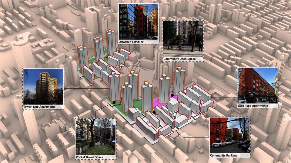 This is an arial perspective view of site building with photos overlayed