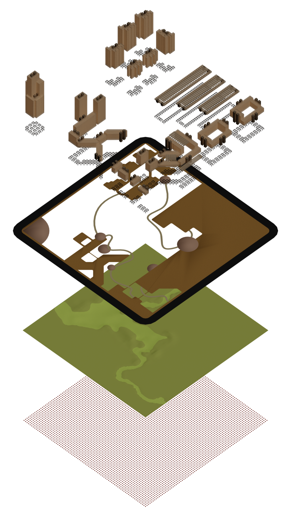The ephemeral buildings of immortal parts sit on a versatile ground with preconstructed foundations and embedded utilities. The land is ready for buildings, roads, or agriculture. A site’s status of development becomes versatile. Farmlands become small towns, forests, factories, and so on. All transitions happen in a low-impact way with maximum flexibility.