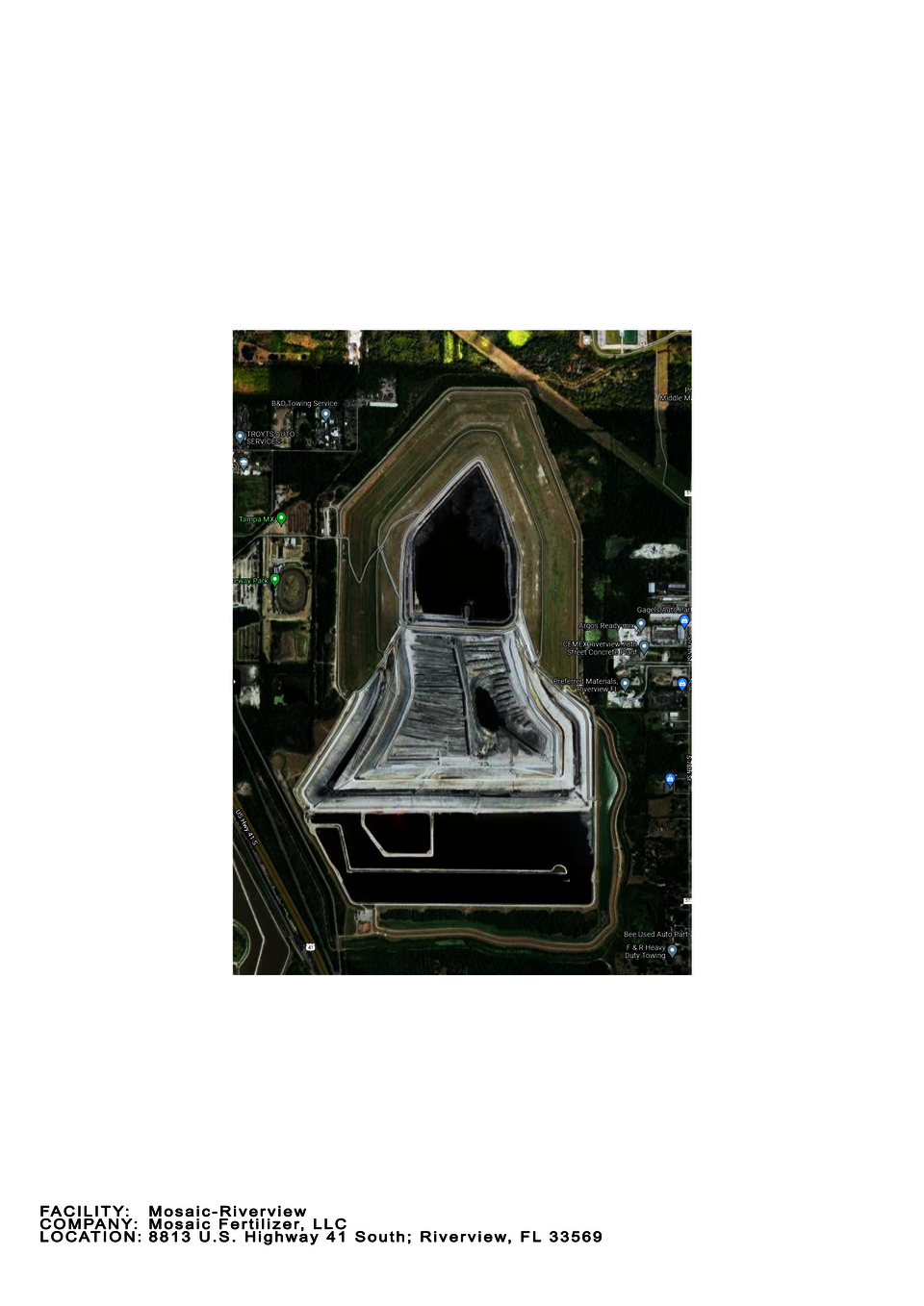 Satellite image of a gypstack built by Mosaic Fertilizer LLC in Riverview, FL