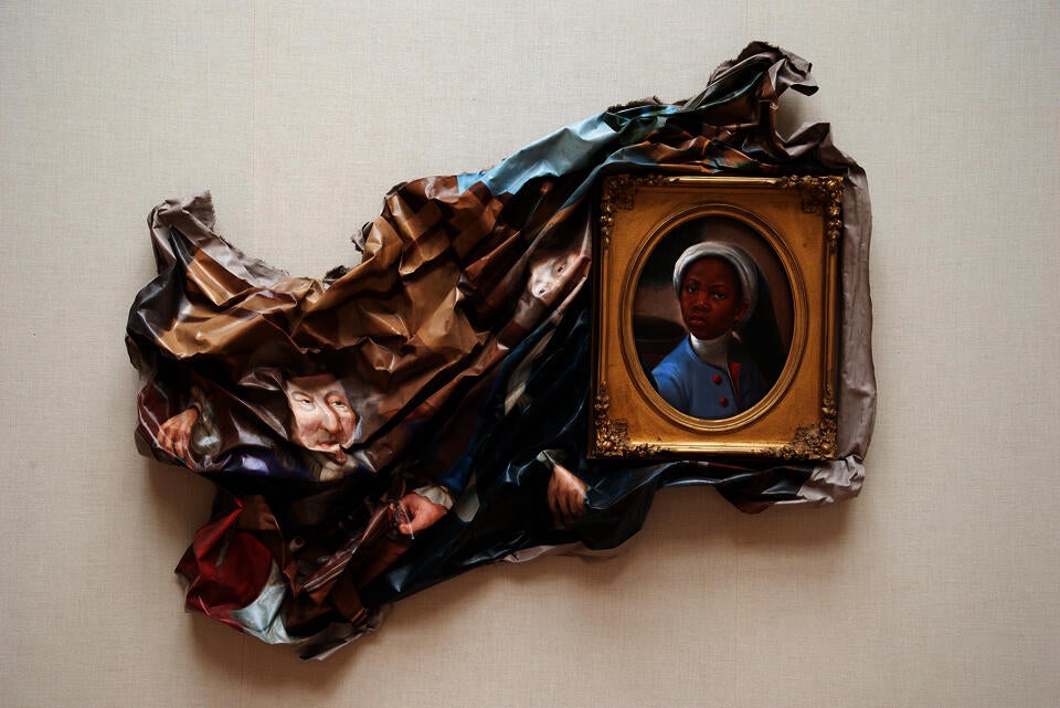 Titus Kaphar's painting Enough About You is copied from an 18th century painting and features a large mass of canvas partially framing a young, African child, while the rest of the canvas hangs crumpled on the wall so that the older, European noblemen are left warped and disfigured.