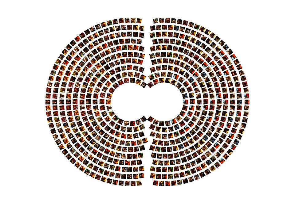 This image shows the cutout image of many stock traders' portraits arranged based on the interior plan of the New York Stock Exchange pit.