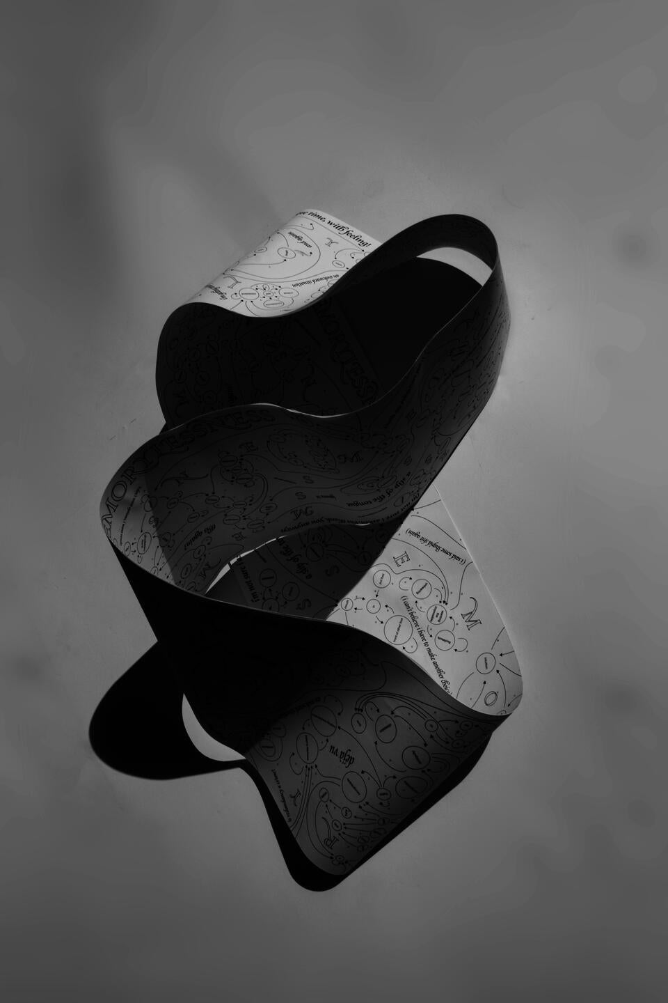 A paper mobius strip depicting illogical spiraling anxiety and neurosis using the graphical form of a Markov chain.