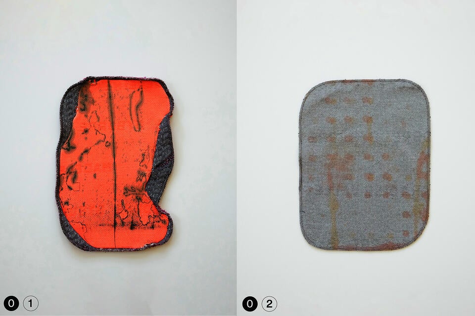 01: Applied phase-changing pigment, suspended in silicon via screen-printing on 80% recycled polyester and 20% cotton knit. Left in vapor chamber for twenty-six minutes. 02: Applied phase-changing pigment, suspended in an earlier version of the silicon mixture. Printed via screen-printing on 100% cotton knit. Left in vapor chamber for twelve minutes.