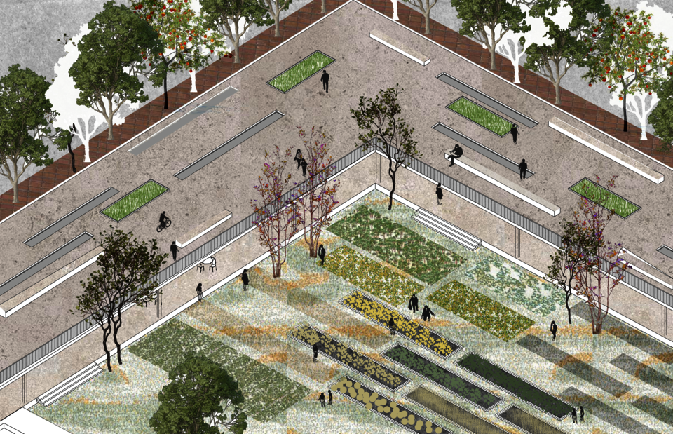The roof of the intervention doubles up as public plaza as well as a gallery that views into the cultivation areas. This invigorates curiosity and also creates an interesting grid with benches, green spaces and skylights.