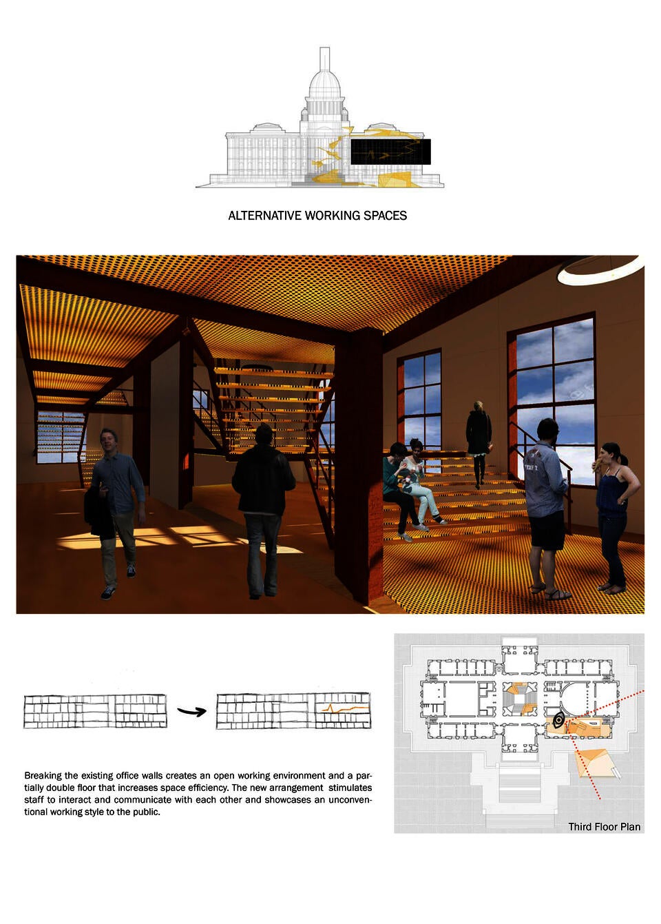 Breaking down the existing office walls creates an open working environment and an almost double height floor that increases space efficiency.